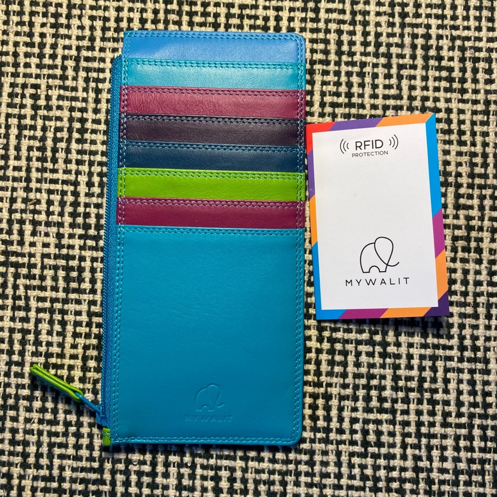 Mywalit Leather Card Holder Rainbow RFID Wallet Women Slim Zip Case 1230RF Blue